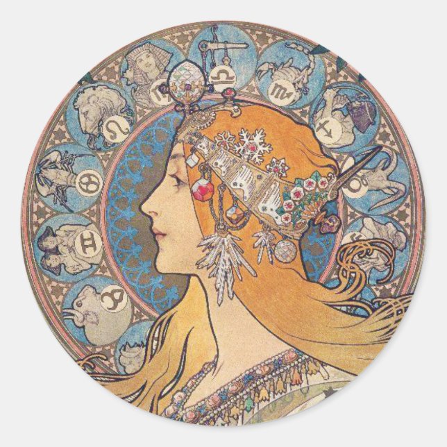Alphonse Mucha , “Zodiac” Classic Round Sticker (Front)
