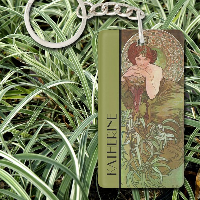 Alphonse Mucha's Precious Stones Emerald Keychain (Art Nouveau illustration by Alphonse Mucha.  Small enough to carry in your pocket.  Great gift idea.)