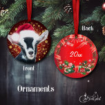 Alpine Baby Dairy Goat Santa Hat Christmas Ceramic Ornament<br><div class="desc">Hand painted portrait of this pretty baby Alpine dairy goat (my Annabelle when she was a baby) in her Santa Hat - on a deep crimson red background with sparkling gold snowflakes. Goat Christmas ornaments for your Holiday gift giving, Christmas tree or window ornaments- customize the date on back Original...</div>
