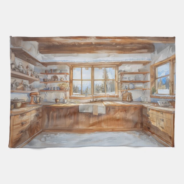 Alpine Chalet Kitchen with Snowy Mountain View Kitchen Towel (Horizontal)