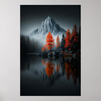 Alpine Contrast: Fiery Pines at the Lake Poster