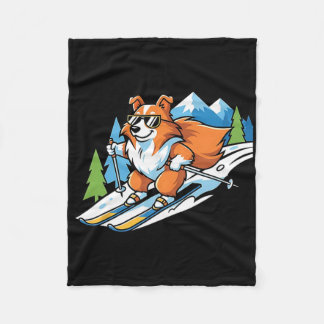 Alpine Corgi On Skis Cool Sungles Winter Scene  Fleece Blanket