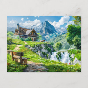 Alpine Cottage by Mountain Waterfall Postcard