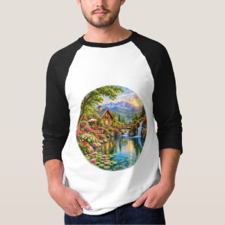 Alpine Cottage Garden Mountain Lake Sunrise T-Shirt