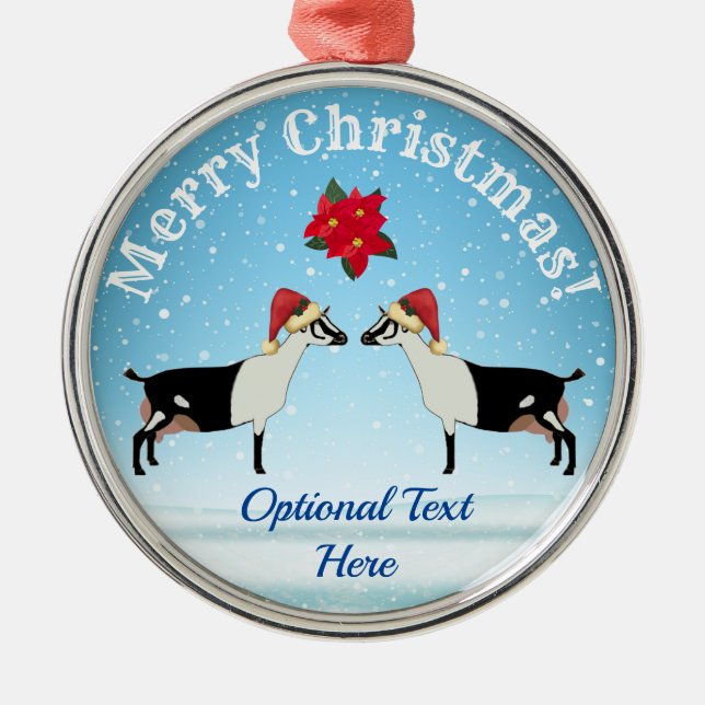 Alpine Dairy Goat Christmas in the snow Metal Ornament (Front)