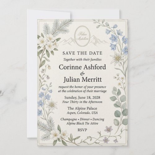 Alpine Flowers, Edelweiss, Blue Delphinium, Pine B Invitation