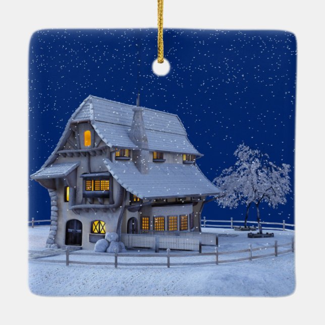 Alpine House Snow Graphic Ceramic Ornament (Back)
