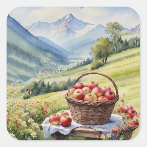 Alpine Idyll Colorful Apple Basket in a Breathtak Square Sticker