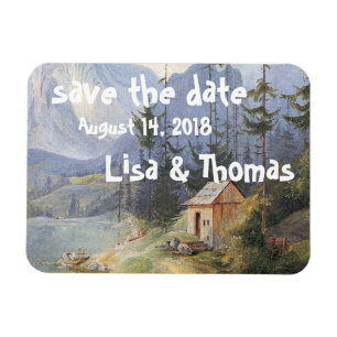 Alpine Lake Cabin Boat Save Date Magnet
