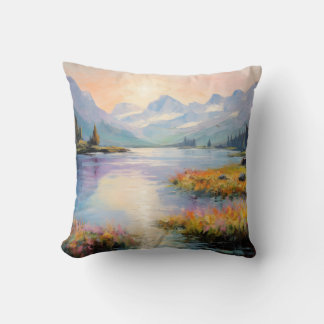 Alpine Lake Wilderness In Oil-Painted Fine Art Throw Pillow