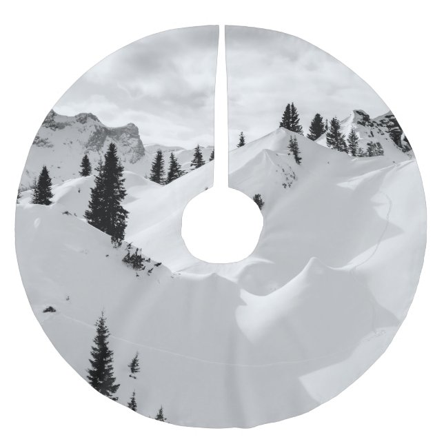 Alpine Landscape: Snowy Fir Trees Mountains Brushed Polyester Tree Skirt (Front)