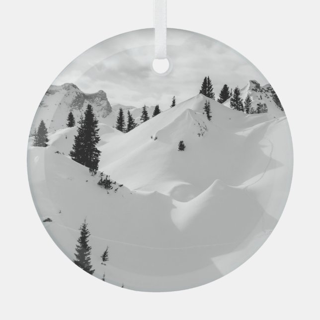 Alpine Landscape: Snowy Fir Trees Mountains Glass Ornament (Front)
