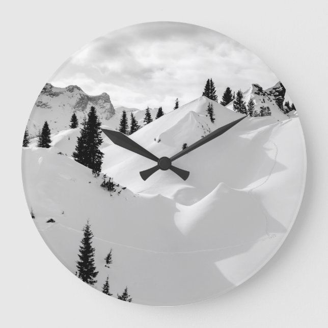 Alpine Landscape: Snowy Fir Trees Mountains Large Clock (Front)