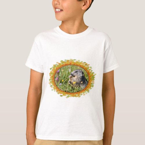 Alpine marmot eating flower in frame of leaves T_Shirt