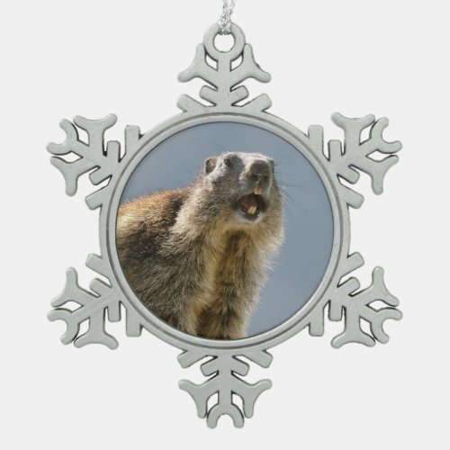 Alpine marmot on rock snowflake pewter christmas ornament