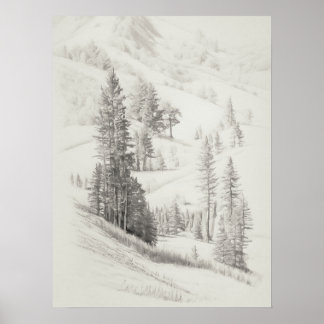 Alpine mountain and trees Sketch, vintage etching, Poster