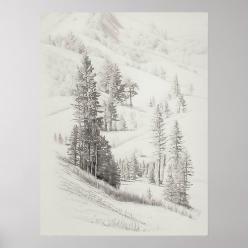 Alpine mountain and trees Sketch vintage etching Poster