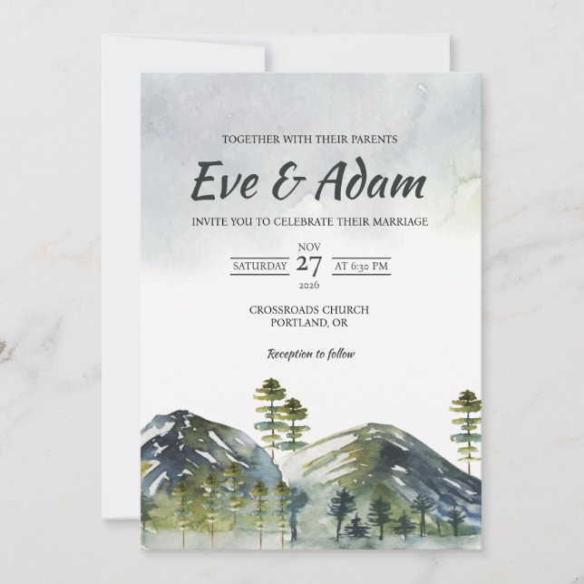 Alpine Mountain Pine Fog Watercolor Winter Wedding Invitation (Front)