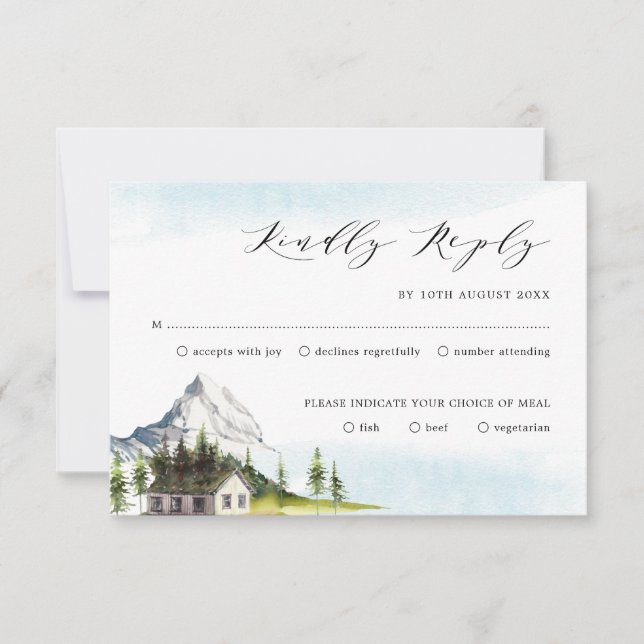Alpine Mountain Woodland Forest Wedding RSVP Card (Front)