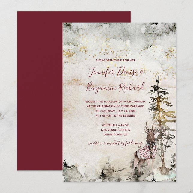Alpine Mountain Woodland Stag Burgundy Wedding | Invitation (Front/Back)