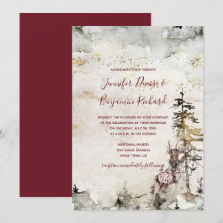 Alpine Mountain Woodland Stag Burgundy Wedding | Invitation