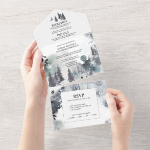 Alpine Pine Trees, Mountains, Mist Wedding All In One Invitation