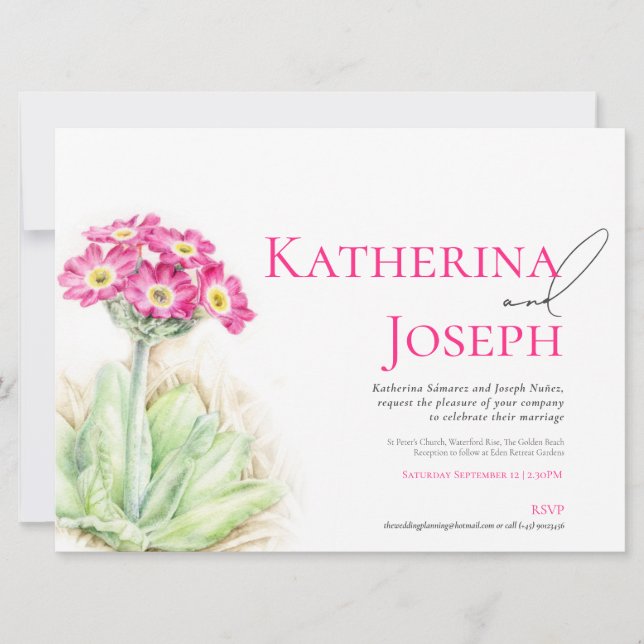 Alpine primrose watercolor pink landscape wedding  invitation (Front)