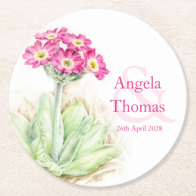 Alpine primula ping green wedding coasters (Front)