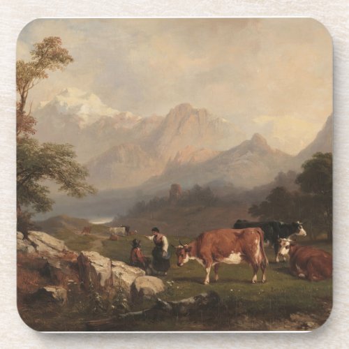Alpine scene with cattle herders beverage coaster