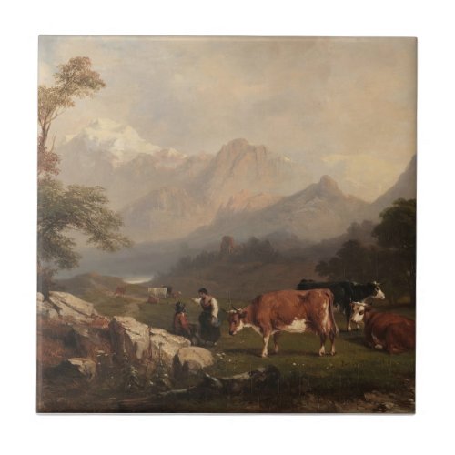 Alpine scene with cattle herders ceramic tile