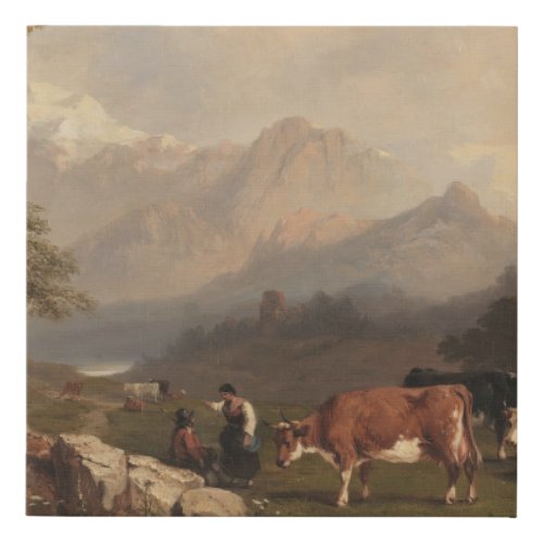 Alpine scene with cattle herders faux canvas print