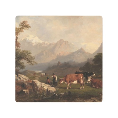 Alpine scene with cattle herders metal print