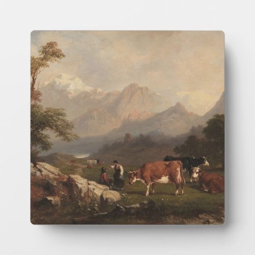 Alpine scene with cattle herders plaque