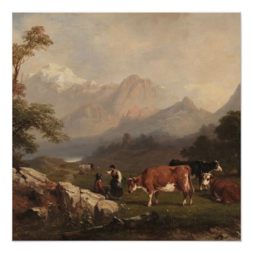 Alpine scene with cattle herders poster