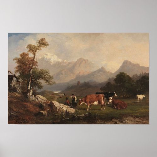 Alpine scene with cattle herders poster