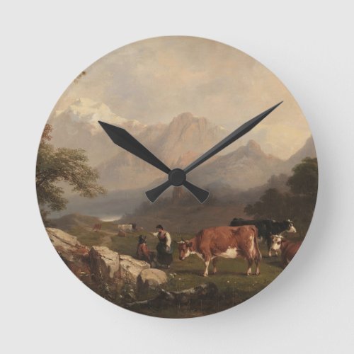Alpine scene with cattle herders round clock