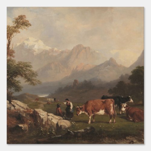 Alpine scene with cattle herders sign