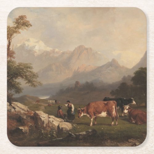 Alpine scene with cattle herders square paper coaster