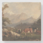 Alpine scene with cattle herders stone coaster