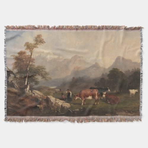 Alpine scene with cattle herders throw blanket