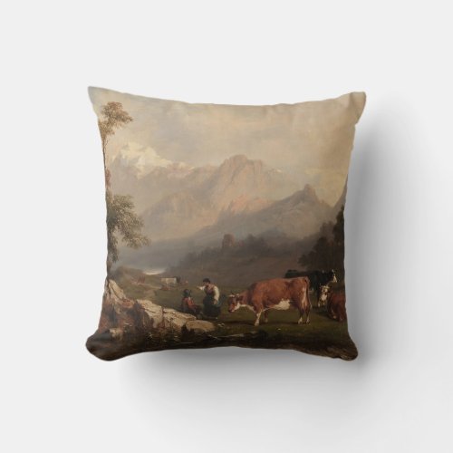 Alpine scene with cattle herders throw pillow