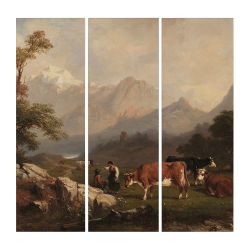 Alpine scene with cattle herders triptych