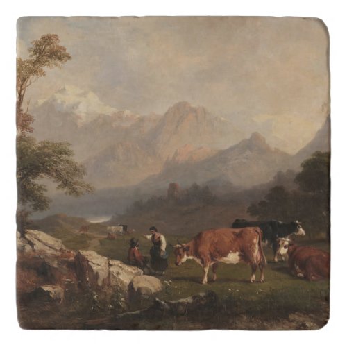 Alpine scene with cattle herders trivet