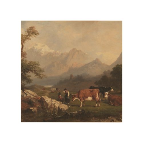 Alpine scene with cattle herders wood wall art