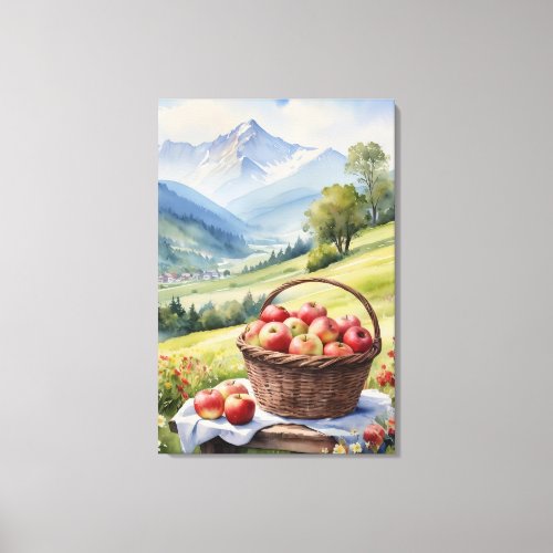 Alpine Serenity Watercolor Apple Basket  Canvas Print