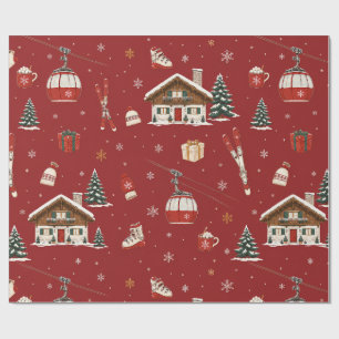 Alpine Ski Christmas Cherry Red Wrapping Paper