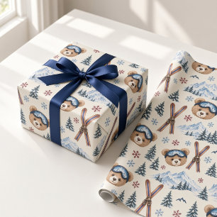 Alpine Ski Teddy Bear Winter Birthday Wrapping Paper