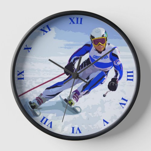 Alpine Skier In Blue With Your Name Drawing Clock