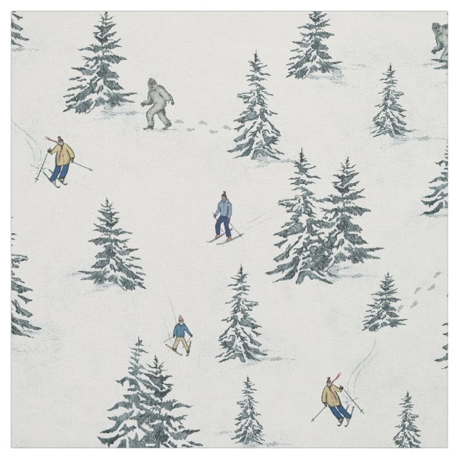 Alpine Skiers and Hidden Yetis - Downhill Skiing  Fabric (Swatch)