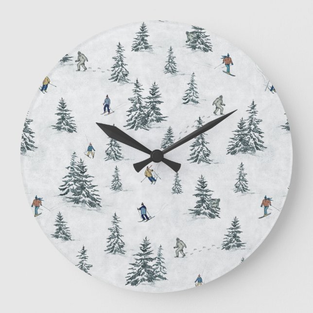 Alpine Skiers and Hidden Yetis - Downhill Skiing  Large Clock (Front)